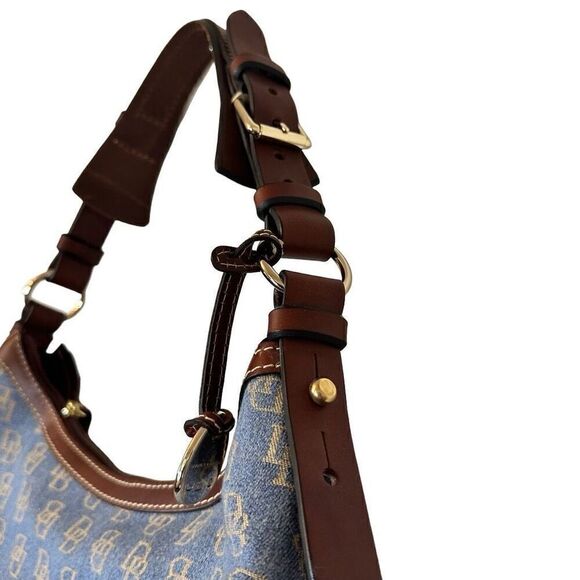 Dooney & Bourke Canvas Leather Trim Signature Monogram Hobo Shoulder Bag Blue Br - Picture 10 of 12